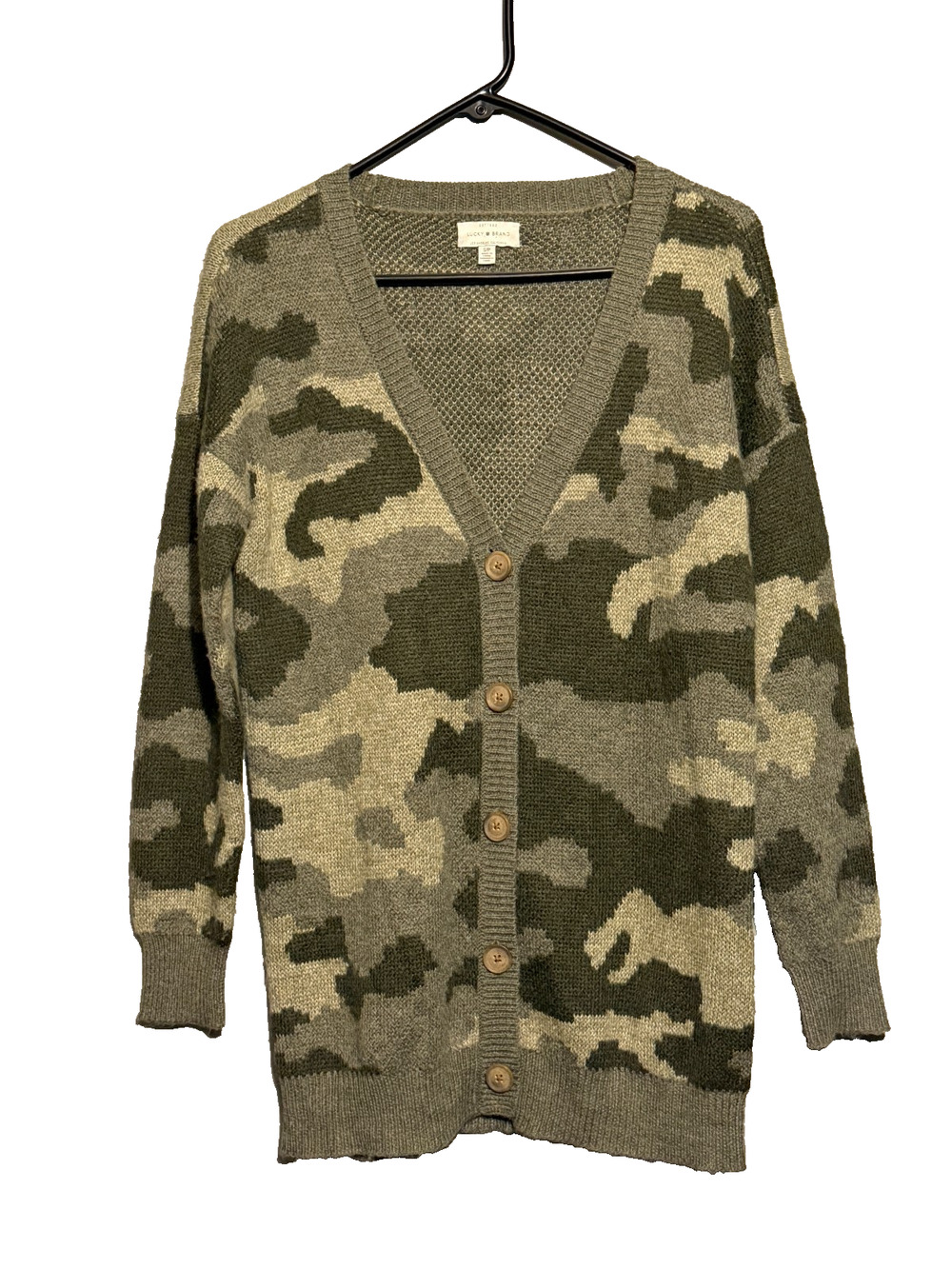 Lucky Brand Women’s Small Camo Cardigan Wool Blend Button Front Longline 30”